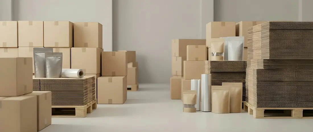 Cardboard packaging and stacked boxes in a warehouse