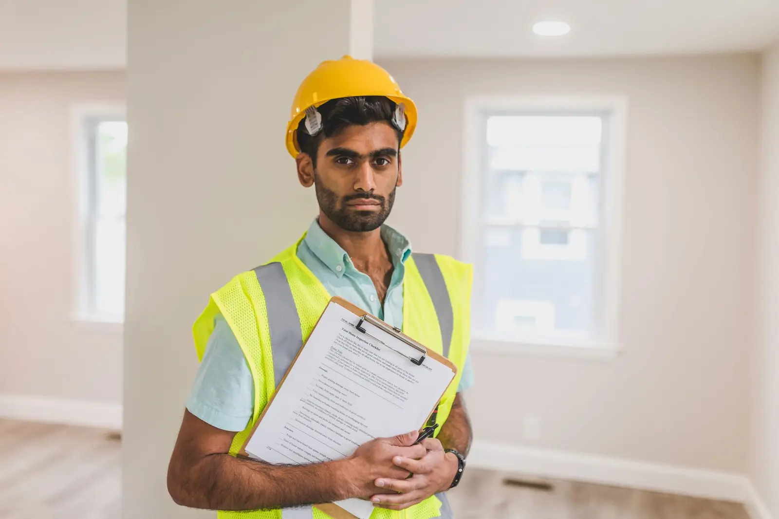 A plant engineer in a hard hat holding a clipboard